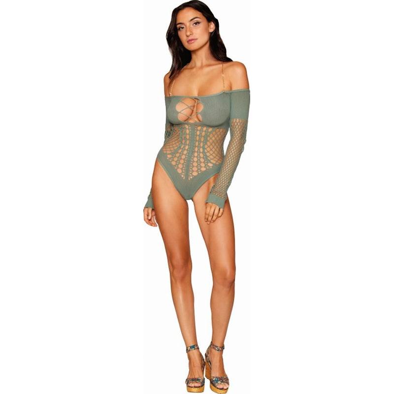 Dreamgirl Seamless Long Sleeve Teddy with Removeable Gold Halter Chain Sage - Take A Peek