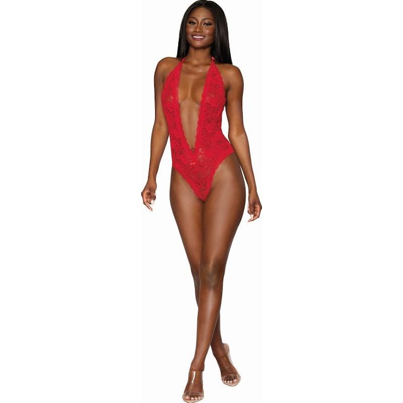 Dreamgirl Heart Back Deep V-Neck Teddy Red - Take A Peek