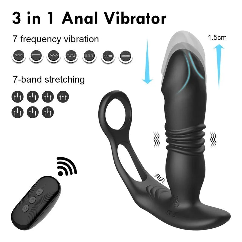 Thrusting Silicone Butt Plug with Cockring and Remote - Take A Peek