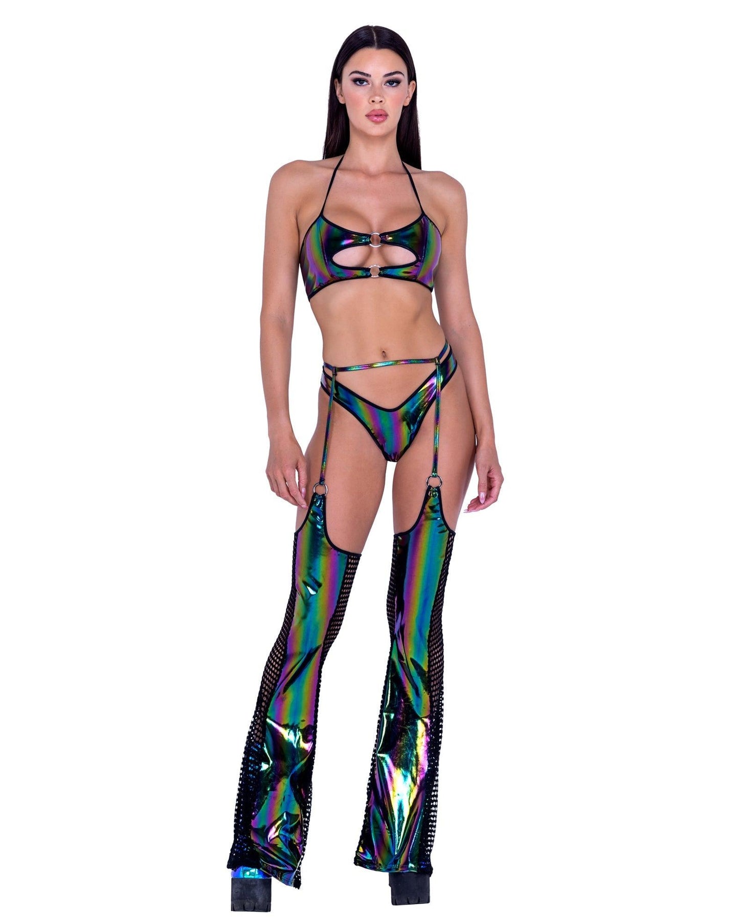 6493 - Rainbow Print Vinyl & Fishnet Chaps - Take A Peek