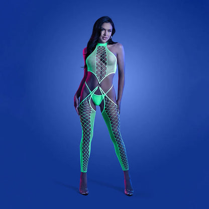 GLOW HIGH VOLTAGE High Neck Bodystocking & G-String Panty - Take A Peek