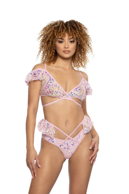 JR129 - Sequin Lace Ruffle Wrap Bottom - Take A Peek