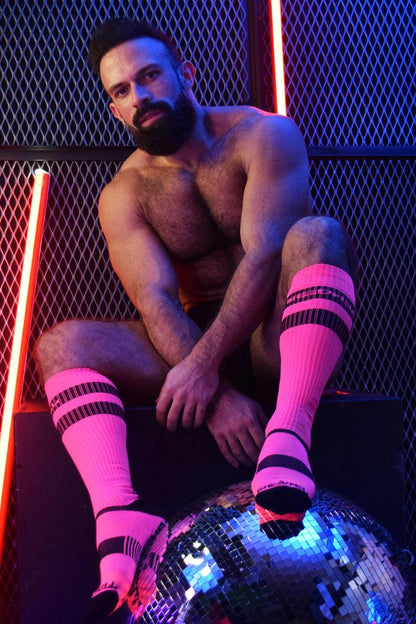 LOGO STRIPE SOCKS - NEON PINK - Take A Peek