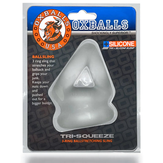 OXBALLS TRI-SQUEEZE - Correa para pene de 3 anillos con base de estiramiento de bolas extendida, color HIELO TRANSPARENTE