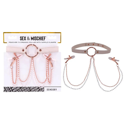 Sex & Mischief Peaches n CreaMe Collar with Nipple Clamps - Peach Nipple Restraints