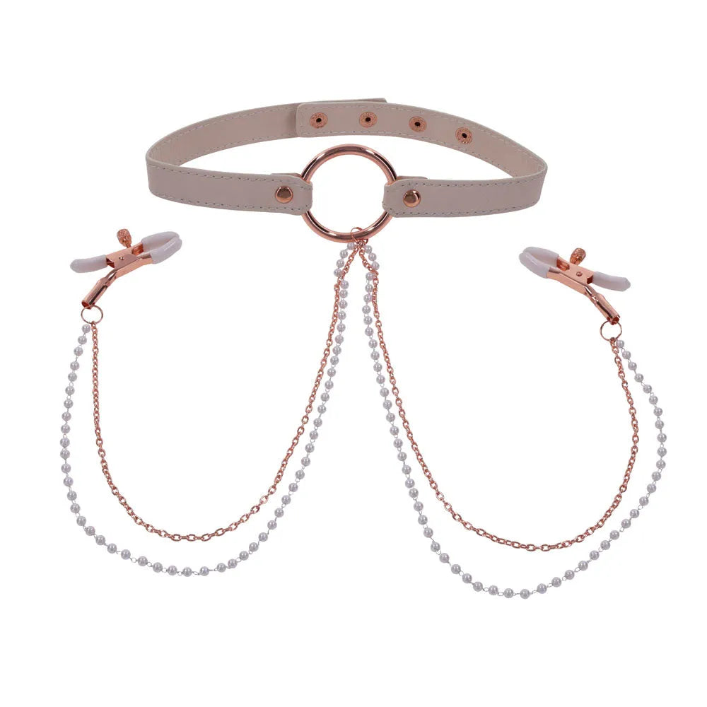 Sex & Mischief Peaches n CreaMe Collar with Nipple Clamps - Peach Nipple Restraints