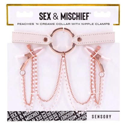 Sex & Mischief Peaches n CreaMe Collar with Nipple Clamps - Peach Nipple Restraints