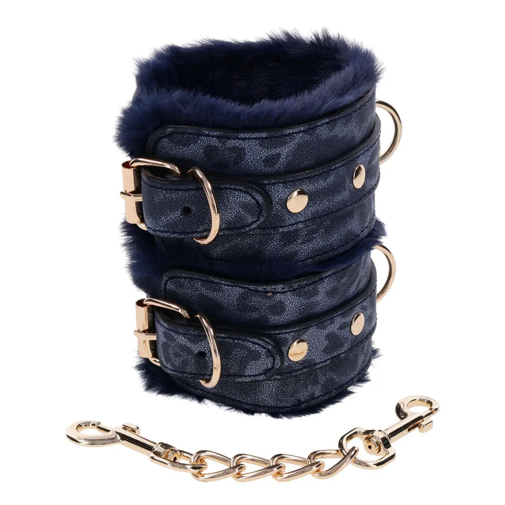 Sex & Mischief Cougar Fur Handcuffs - Navy /Gold Furry Restraints