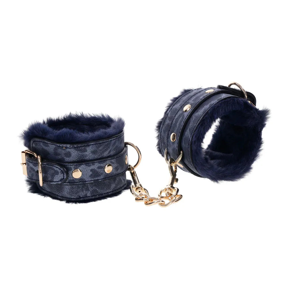 Sex & Mischief Cougar Fur Handcuffs - Navy /Gold Furry Restraints