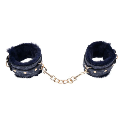 Sex & Mischief Cougar Fur Handcuffs - Navy /Gold Furry Restraints