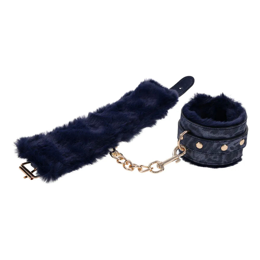 Sex & Mischief Cougar Fur Handcuffs - Navy /Gold Furry Restraints