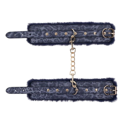 Sex & Mischief Cougar Fur Handcuffs - Navy /Gold Furry Restraints