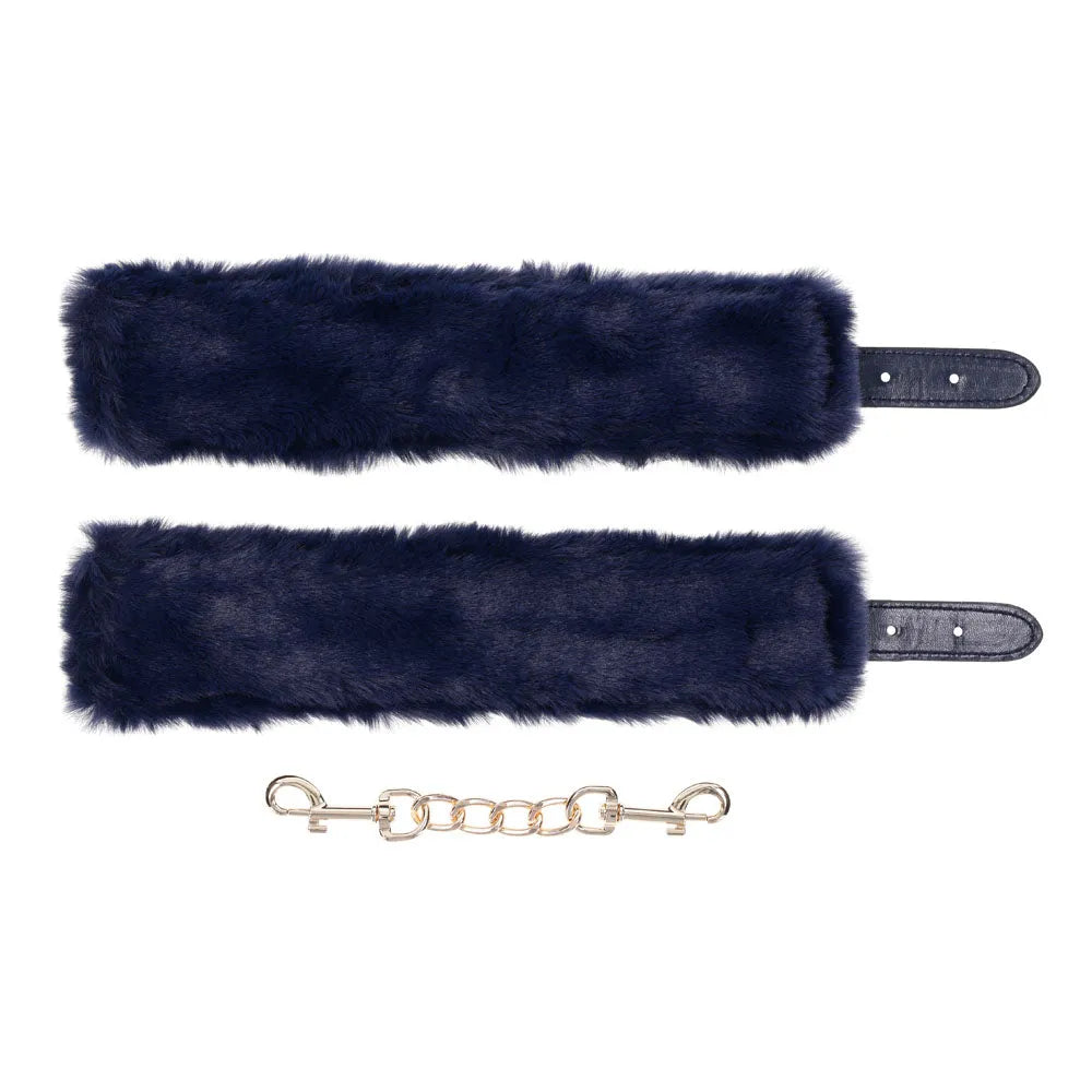 Sex & Mischief Cougar Fur Handcuffs - Navy /Gold Furry Restraints