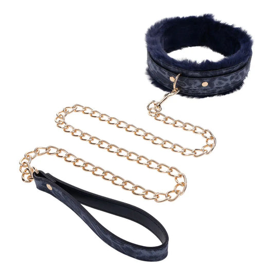 Sex & Mischief Cougar Fur Collar & Leash - Navy /Gold Furry Restraint