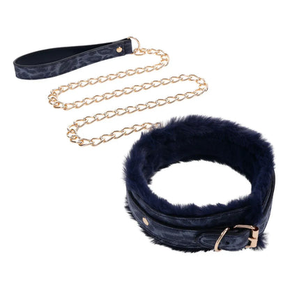 Sex & Mischief Cougar Fur Collar & Leash - Navy /Gold Furry Restraint