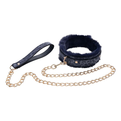 Sex & Mischief Cougar Fur Collar & Leash - Navy /Gold Furry Restraint