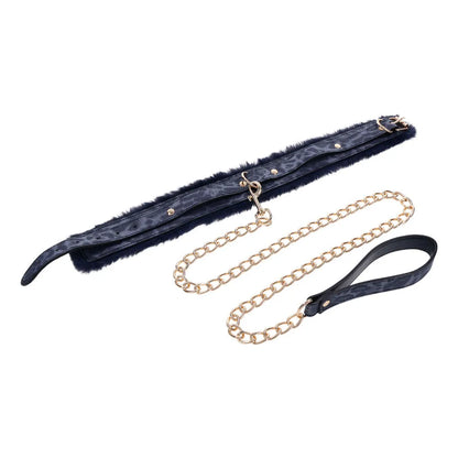 Sex & Mischief Cougar Fur Collar & Leash - Navy /Gold Furry Restraint