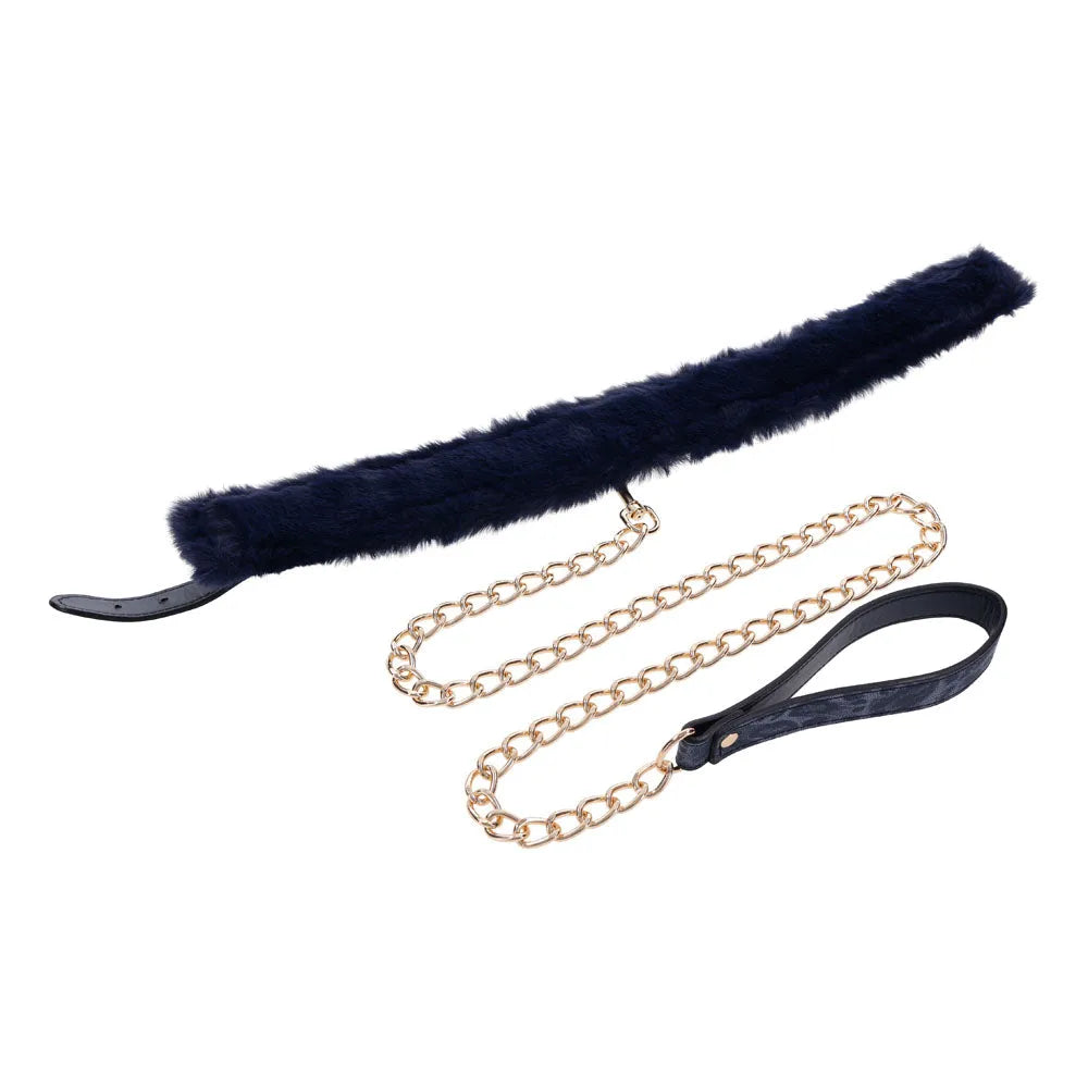 Sex & Mischief Cougar Fur Collar & Leash - Navy /Gold Furry Restraint