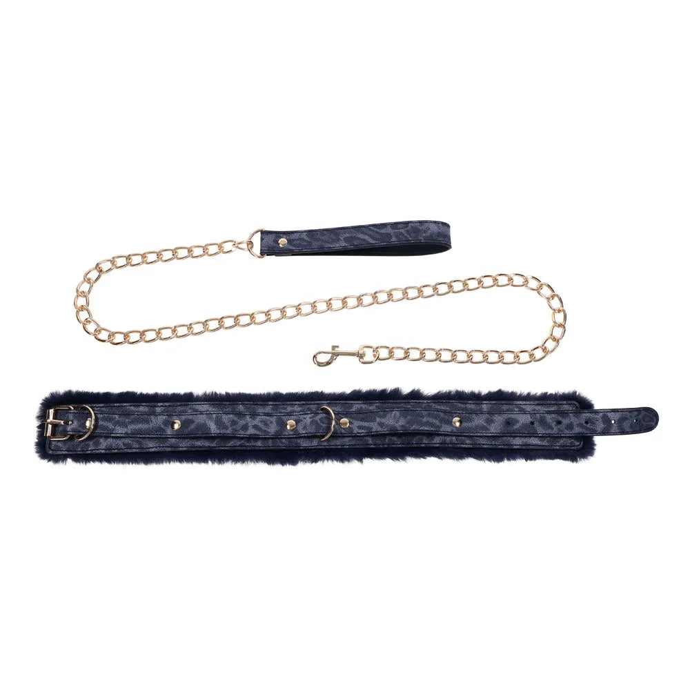 Sex & Mischief Cougar Fur Collar & Leash - Navy /Gold Furry Restraint