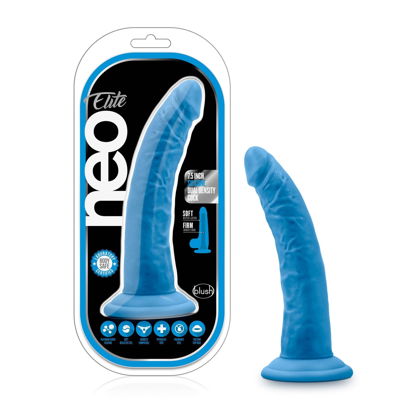 Neo Elite 7.5in Silicone Dual Density Cock Neon Blue - Take A Peek