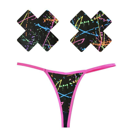 Graffiti Neon G-String & X Pastie Set - Take A Peek