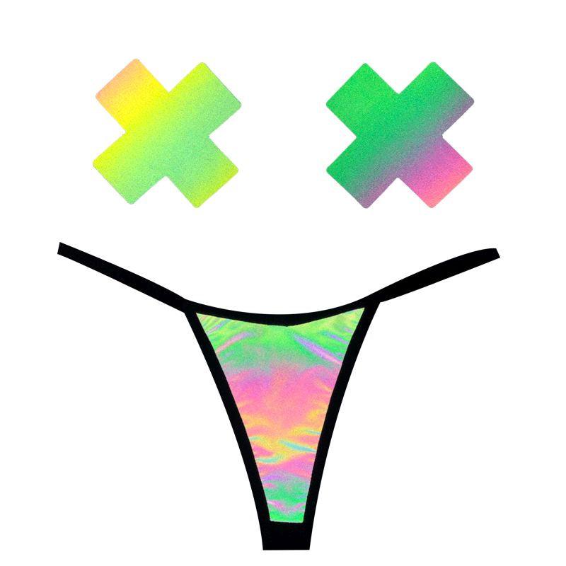 Rainbow Reflective G-String & X Pastie Set - Take A Peek