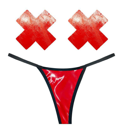 Vixen Red Wet Vinyl Pastie & G-String Set - Take A Peek