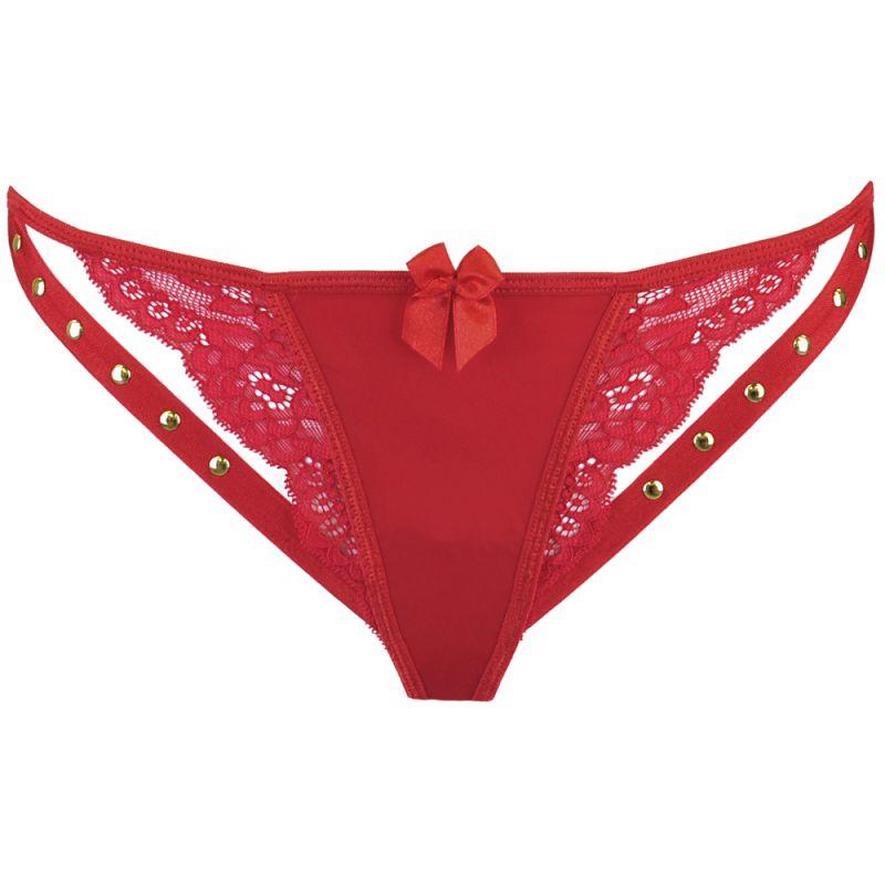 Microfiber and Lace G-String with Studs Red - Take A Peek