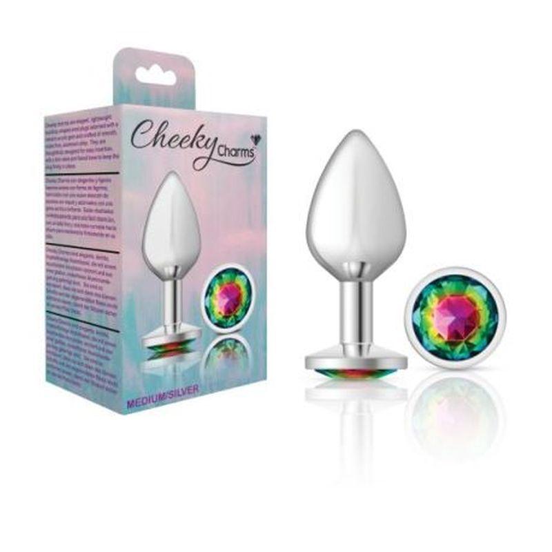 Cheeky Charms Silver Round Butt Plug w Rainbow Jewel Medium - Take A Peek