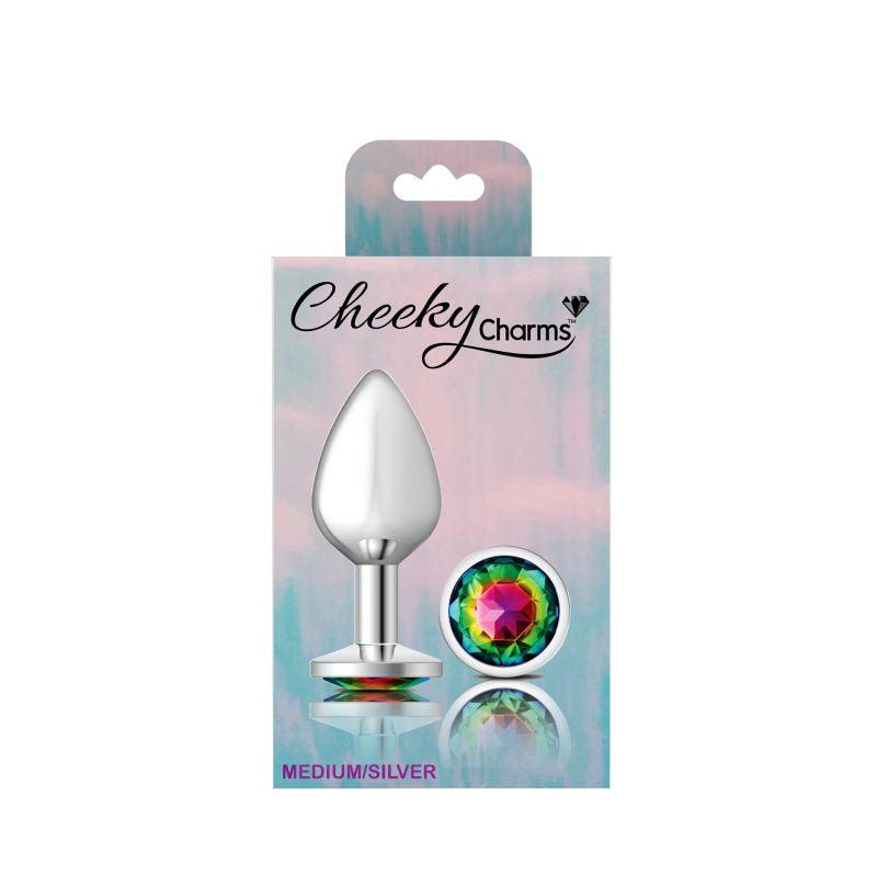 Cheeky Charms Silver Round Butt Plug w Rainbow Jewel Medium - Take A Peek