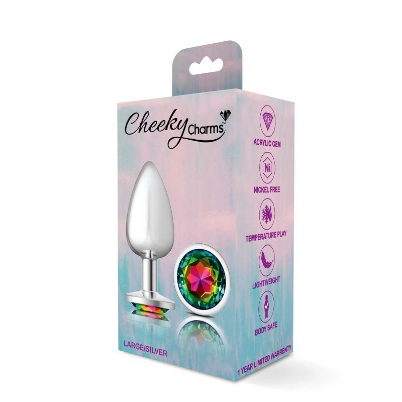 Cheeky Charms Silver Round Butt Plug w Rainbow Jewel Large - Take A Peek