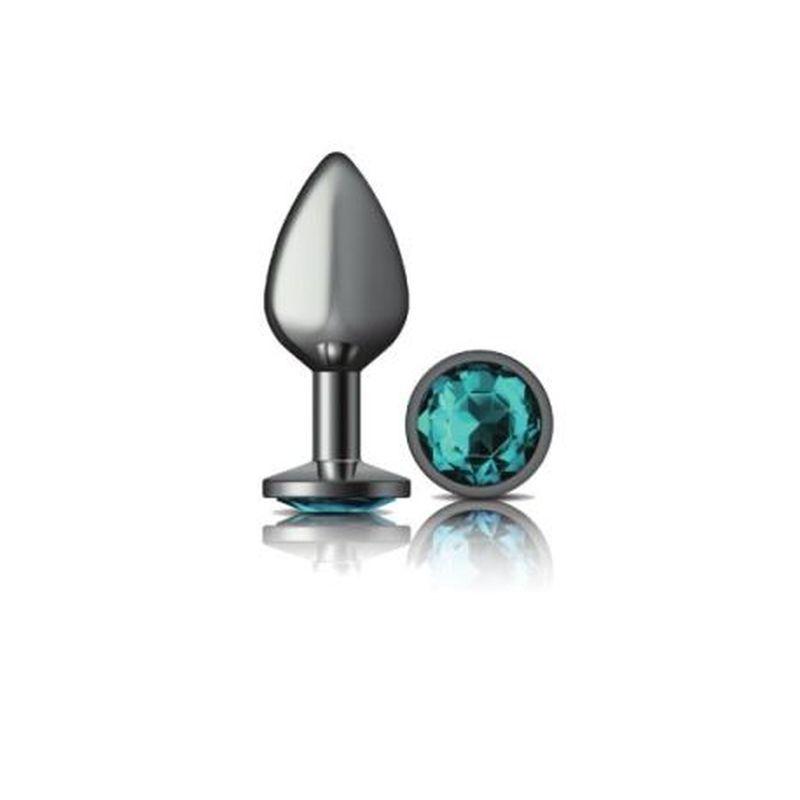 Cheeky Charms Gunmetal Round Butt Plug w Teal Jewel Medium - Take A Peek