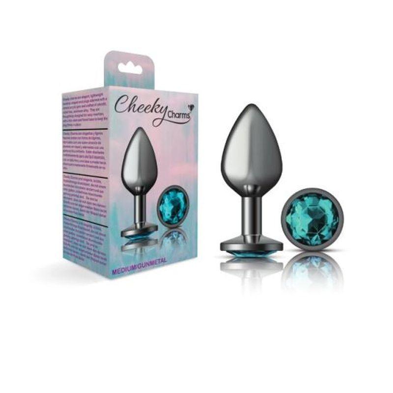 Cheeky Charms Gunmetal Round Butt Plug w Teal Jewel Medium - Take A Peek