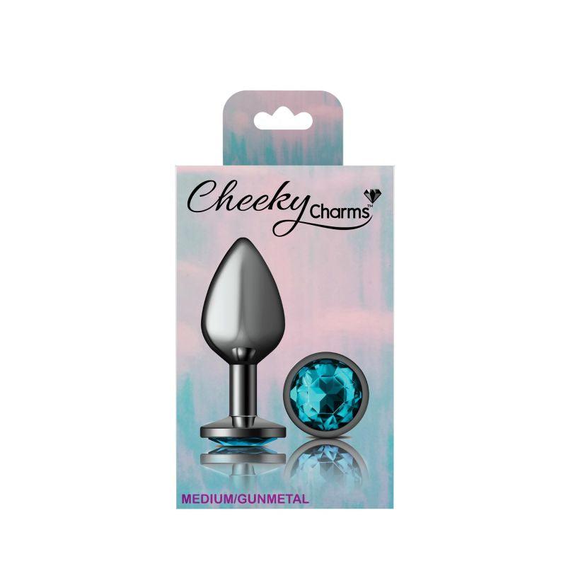 Cheeky Charms Gunmetal Round Butt Plug w Teal Jewel Medium - Take A Peek