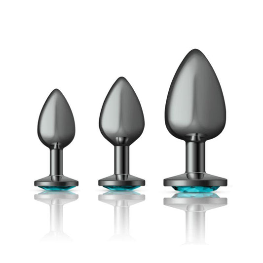 Cheeky Charms Round Metal Butt Plug Gunmetal 3 Pc Kit w Teal Jewel - Take A Peek