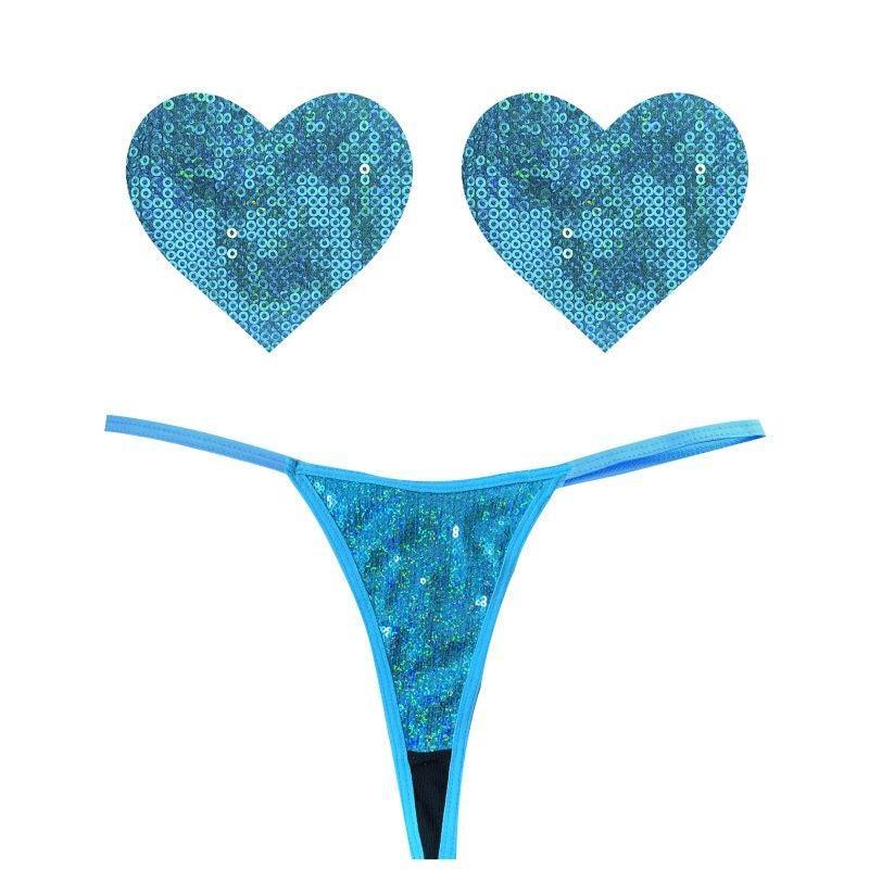 Mahi Mahi Blue Sequin G-String & Heart Pastie Set - Take A Peek